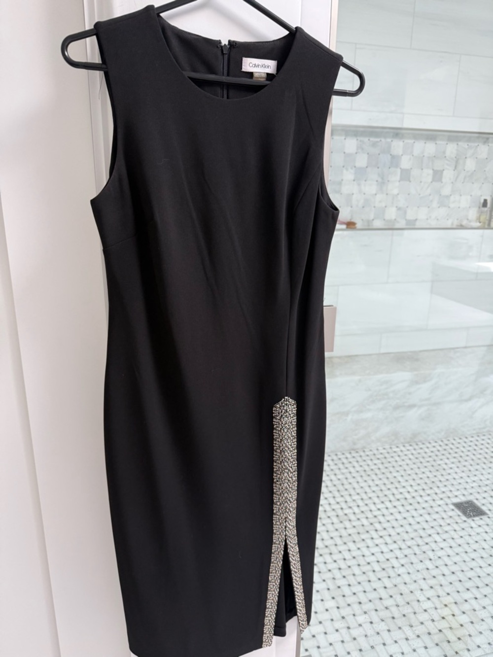 Calvin Klein Black Midi Sheath Dress with Rhinestone Slit